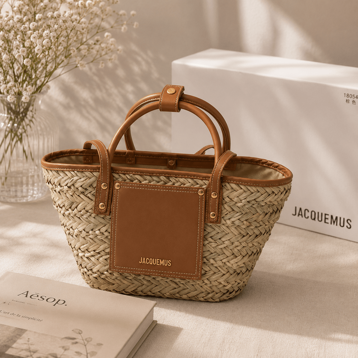 A woven straw tote bag with brown leather handles and a front logo patch, styled on a tabletop with a white box, book, and vase in the background. The bag is branded Jacquemus.