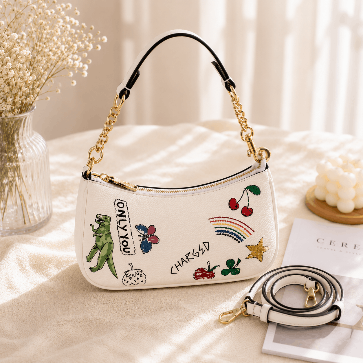 White Graffiti Print Shoulder Bag Crossbody Purse for Women