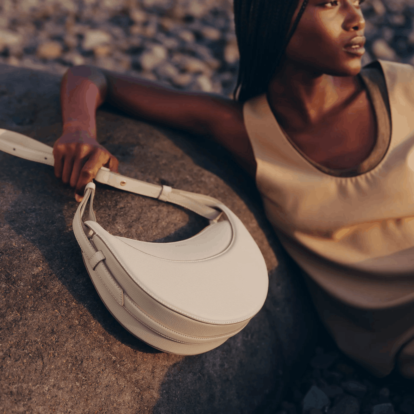 Ivory Crescent Leather Shoulder Bag
