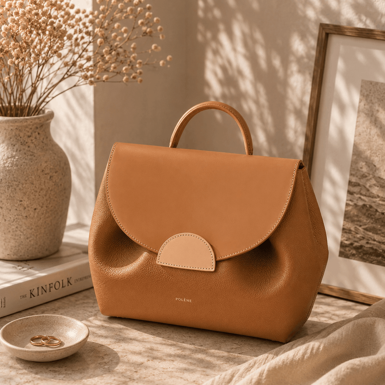Tan Leather Top Handle Handbag