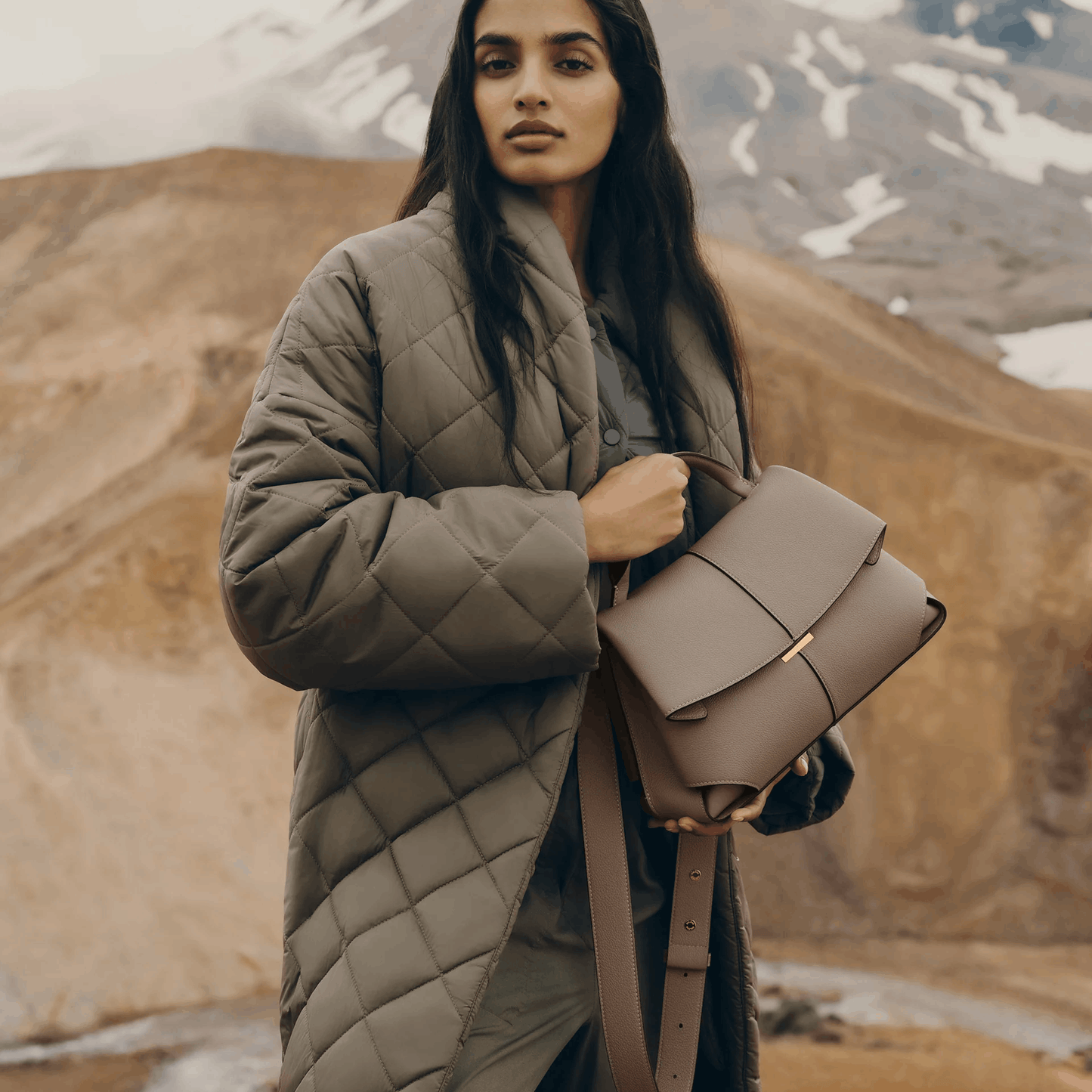 Taupe Leather Top Handle Bag