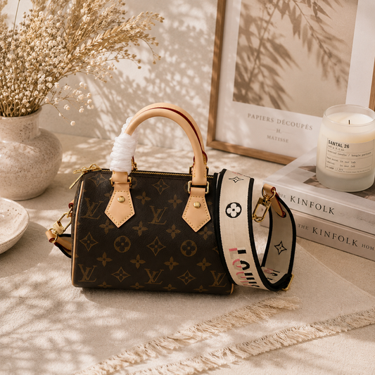 A Louis Vuitton monogram Speedy handbag in dark brown coated canvas with tan leather trim and gold-tone hardware, styled on a cream fabric surface with a matching monogram shoulder strap draped beside it. The scene includes dried flowers in a vase, a candle, books, and framed art in a warm, sunlit interior setting.