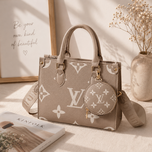A beige Louis Vuitton handbag with white monogram print, dual top handles, a detachable shoulder strap, and a matching round coin pouch with gold-tone hardware, styled on a light surface with a framed print, book, and dried flowers in the background.