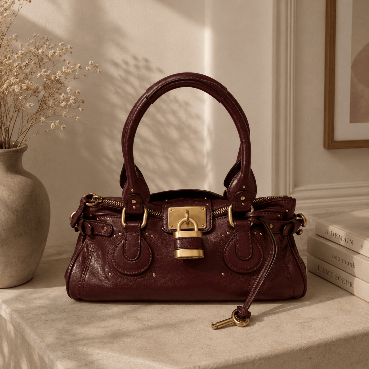 A dark burgundy leather handbag with gold-tone hardware and a padlock detail, styled on a stone surface next to a vase of dried flowers and books.