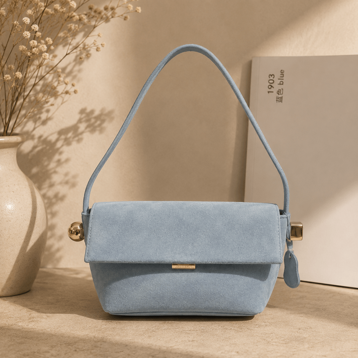 A light blue suede shoulder bag with a top handle, gold-tone hardware, and a small hanging tag, displayed on a beige surface with dried flowers and a book in the background.