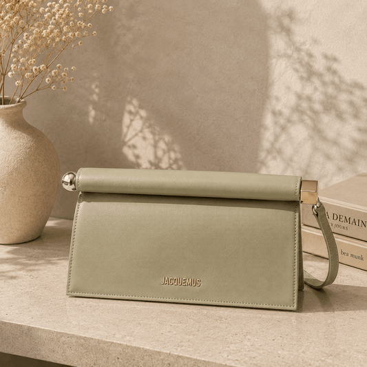 A sage green leather clutch bag with a wristlet strap and gold-tone hardware, styled on a beige stone surface next to a vase with dried flowers and a book.