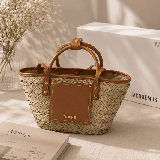 A woven straw tote bag with brown leather handles and a front logo patch, styled on a tabletop with a white box, book, and vase in the background. The bag is branded Jacquemus.