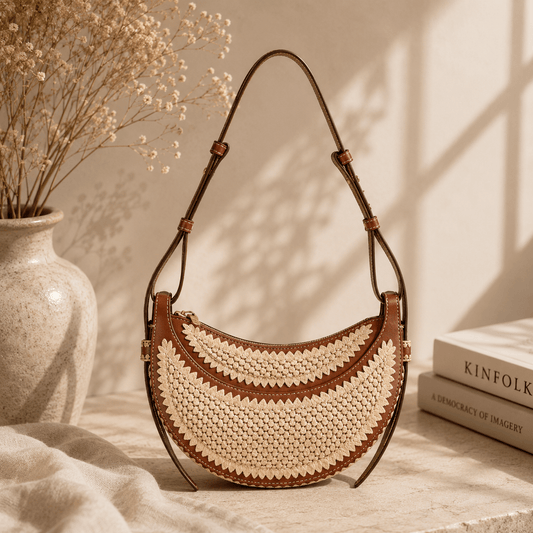 Boho crescent shoulder bag featuring intricate handwoven straw detailing, premium brown faux leather trim, adjustable shoulder strap, and a curved silhouette displayed in a warm minimalist lifestyle setting with soft natural sunlight.