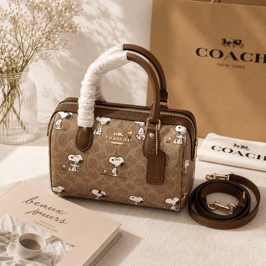 Brown Cartoon Print Barrel Crossbody Handbag