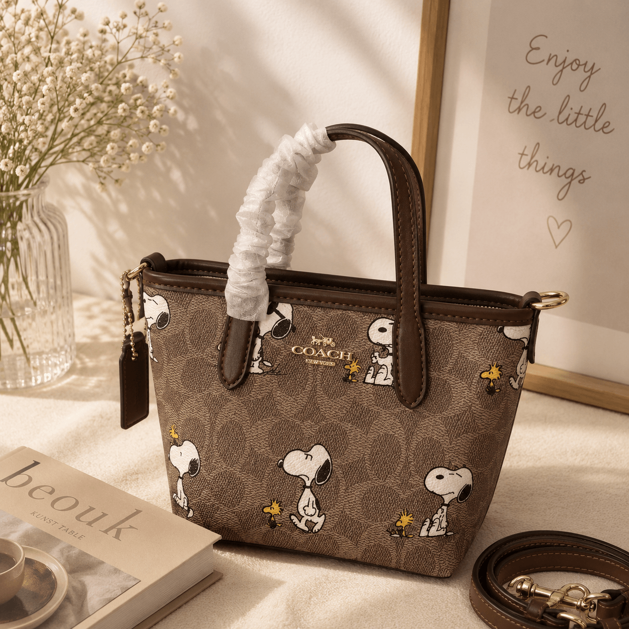 Brown Cartoon Dog Print Tote Crossbody Bag