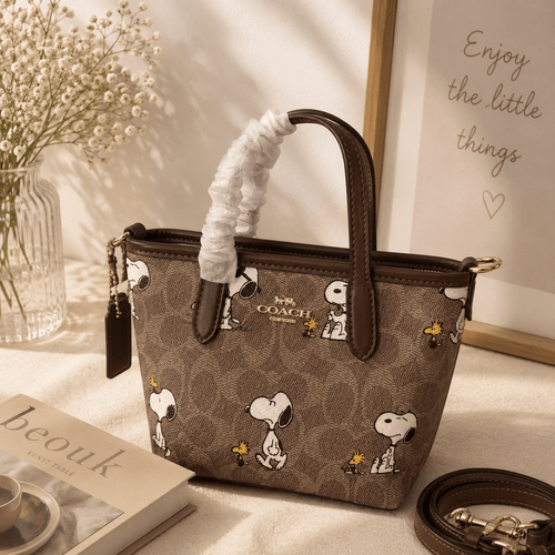 Brown Cartoon Dog Print Tote Crossbody Bag