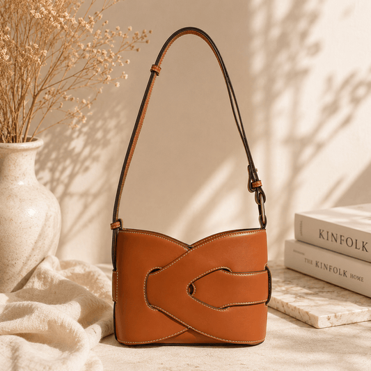 Classic cognac brown shoulder bag made from smooth faux leather featuring a distinctive wraparound buckle design, contrast stitching, adjustable shoulder strap, and structured silhouette displayed in a warm minimalist lifestyle setting.