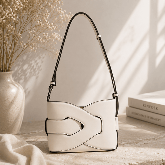 Elegant ivory shoulder bag made from smooth faux leather with a signature wraparound buckle design, contrast trim, adjustable shoulder strap, and structured silhouette displayed in a minimalist warm lifestyle setting.