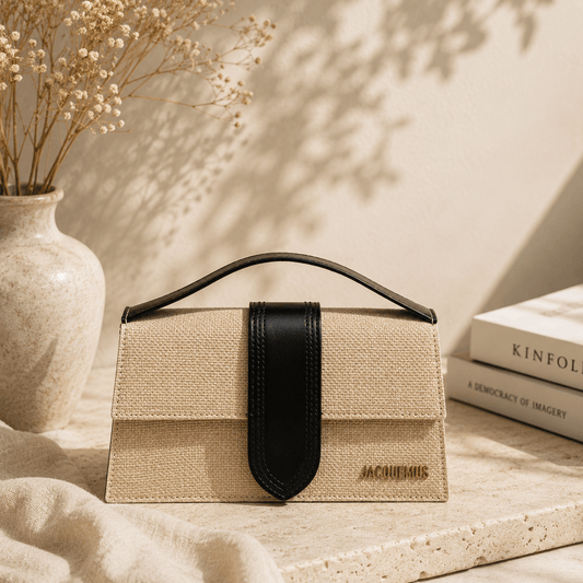 Natural canvas top handle handbag featuring a woven fabric body, black faux leather trim, structured flap closure, and minimalist silhouette displayed in a warm neutral lifestyle setting with soft natural light.