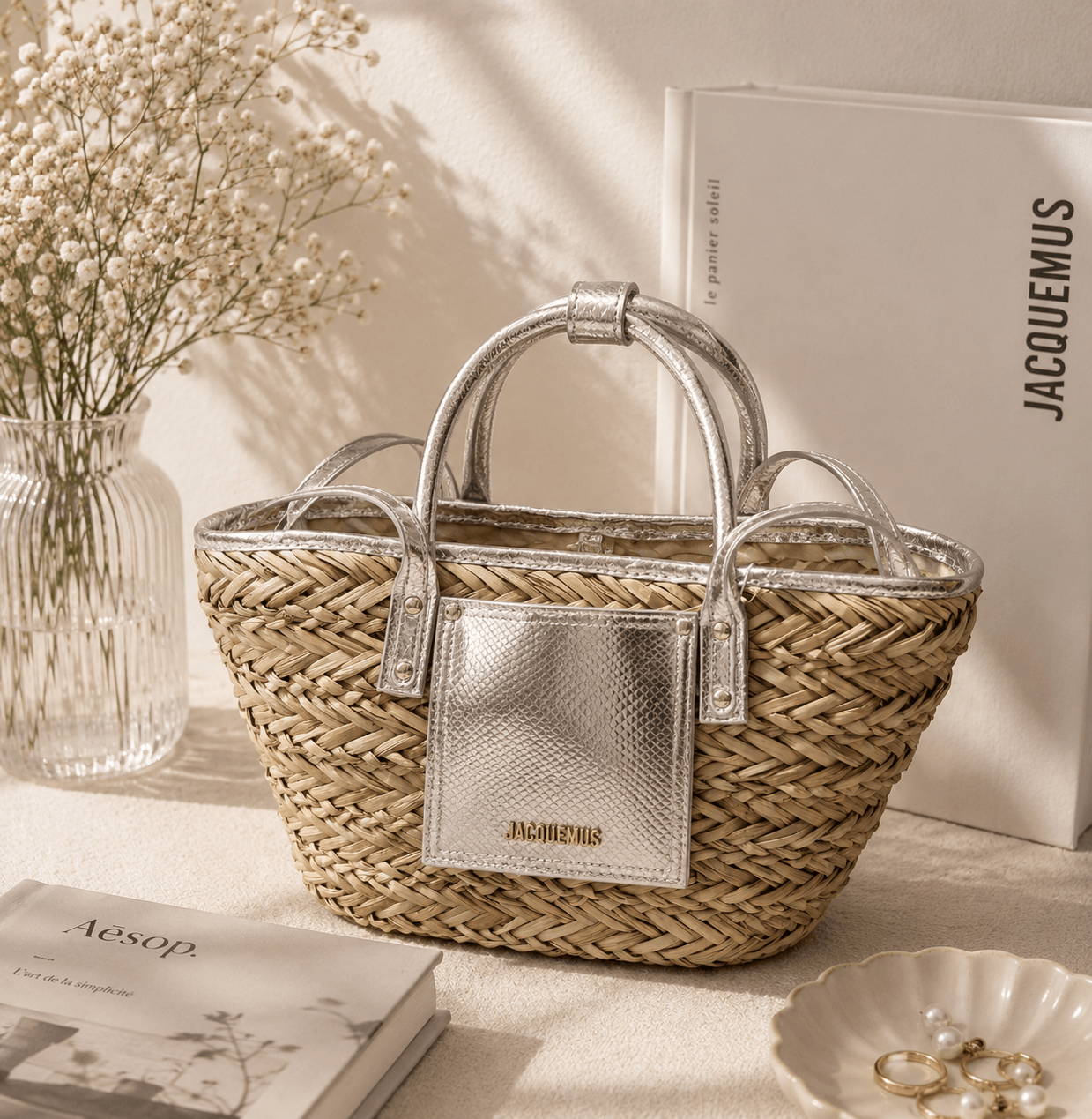 Natural woven straw tote bag with metallic silver faux leather trim, double top handles, structured silhouette, and front pocket, displayed in a soft neutral lifestyle setting with home décor.