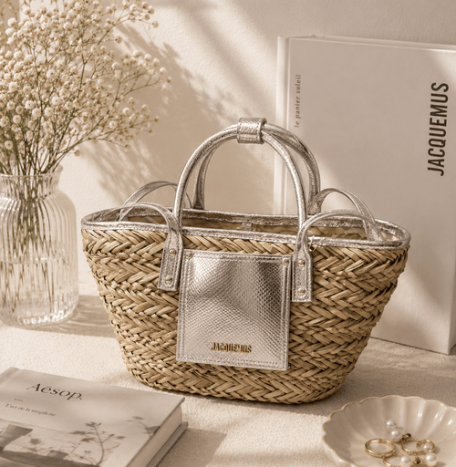 Natural woven straw tote bag with metallic silver faux leather trim, double top handles, structured silhouette, and front pocket, displayed in a soft neutral lifestyle setting with home décor.