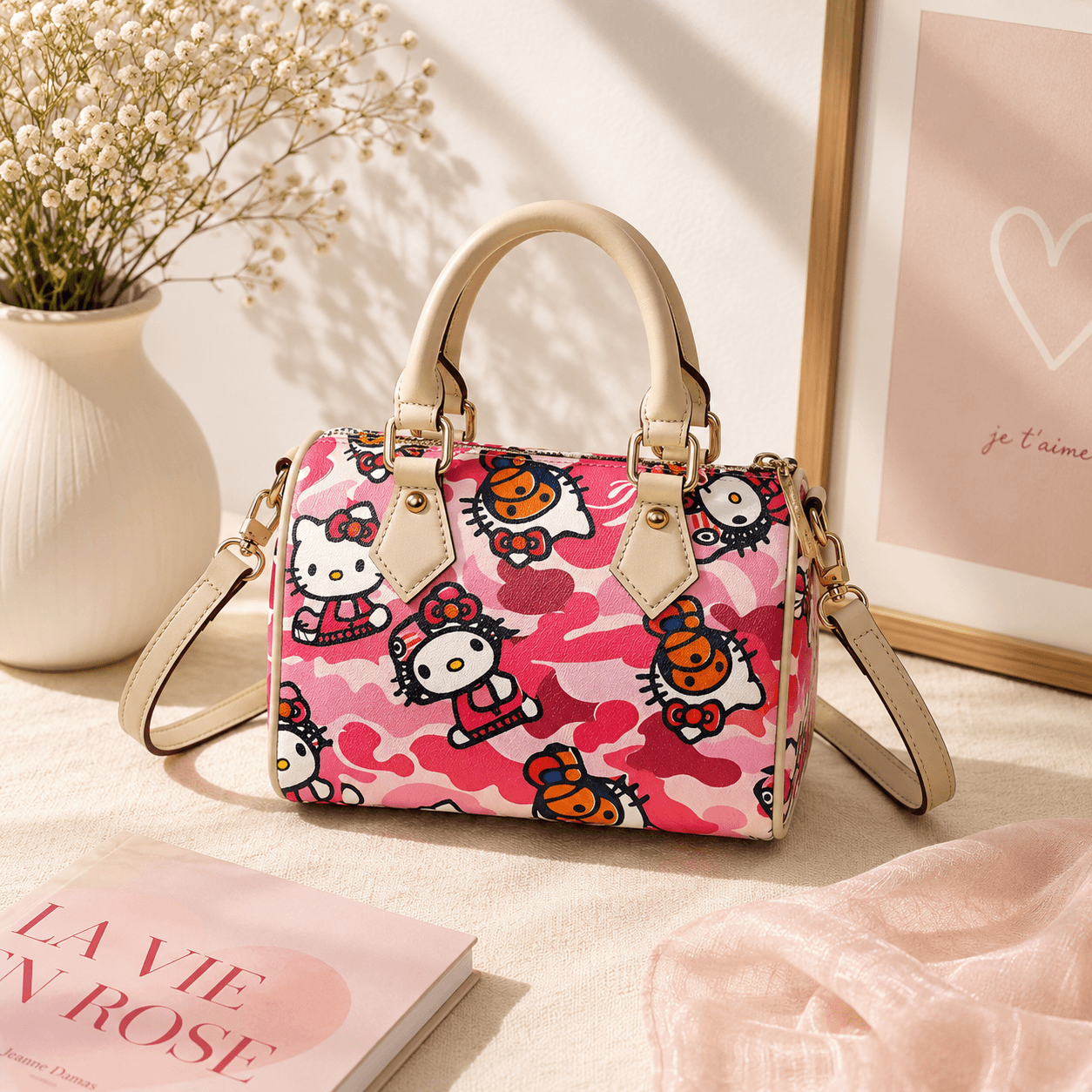 Pink cartoon camo barrel handbag with top handles and adjustable crossbody strap, featuring cute character-inspired graphics, structured faux leather design, and a stylish pink aesthetic for everyday fashion.