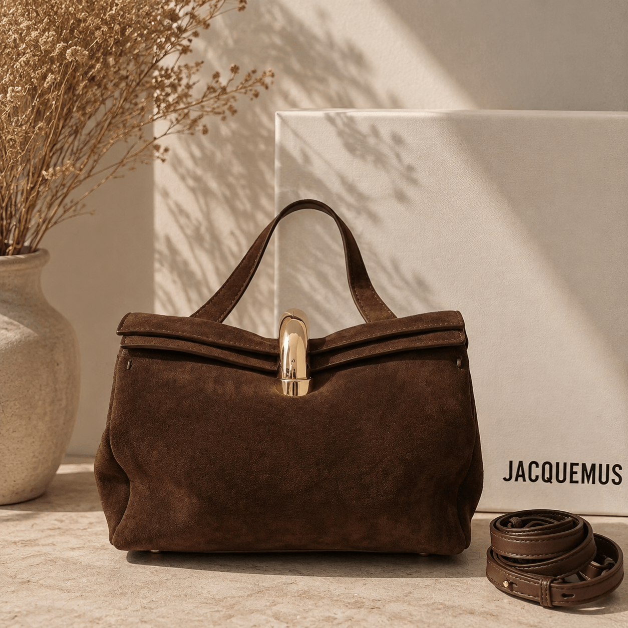 Vintage brown suede top handle shoulder bag with a structured silhouette, gold-tone clasp closure, detachable shoulder strap, and elegant minimalist design displayed in a warm neutral lifestyle setting.