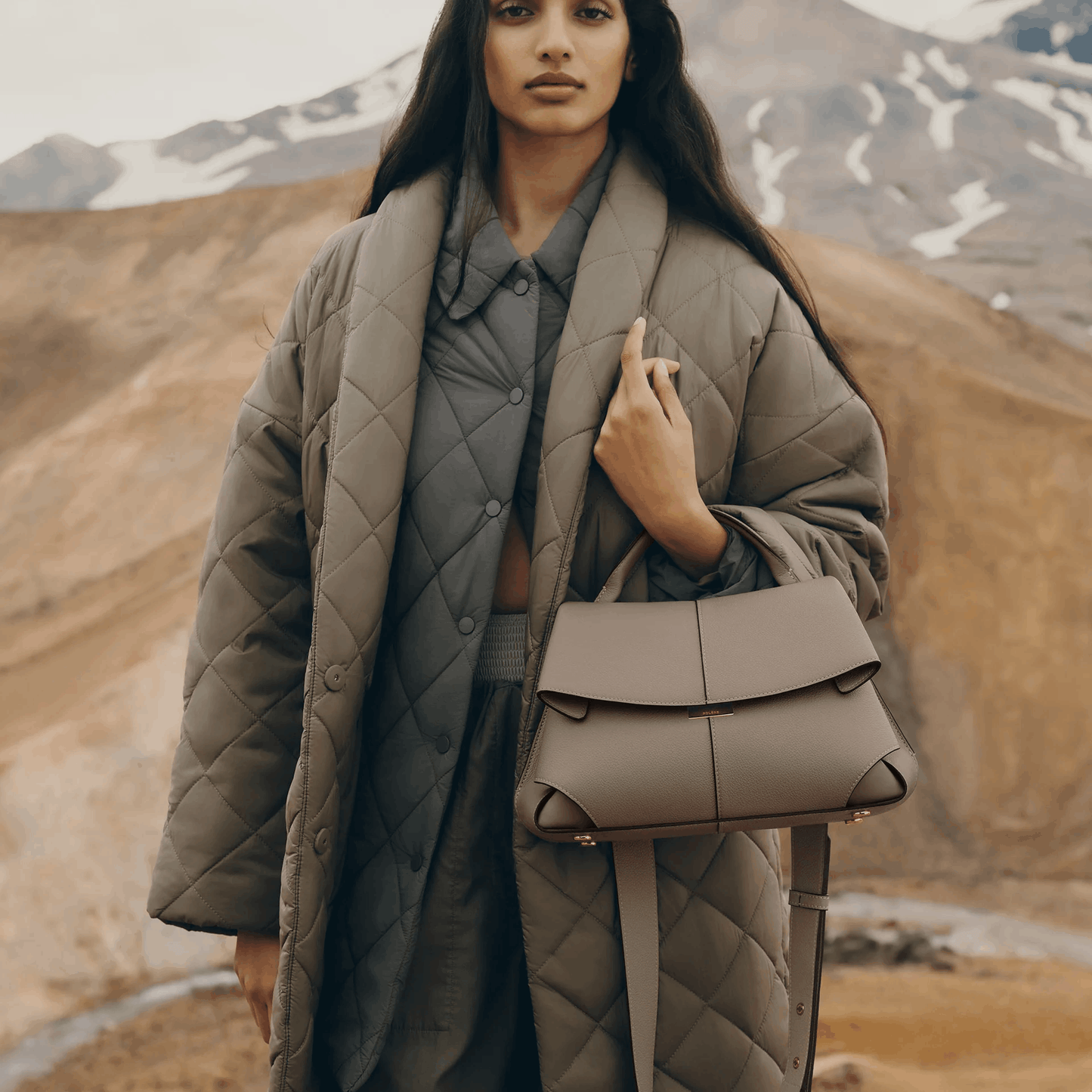 Taupe Leather Top Handle Bag