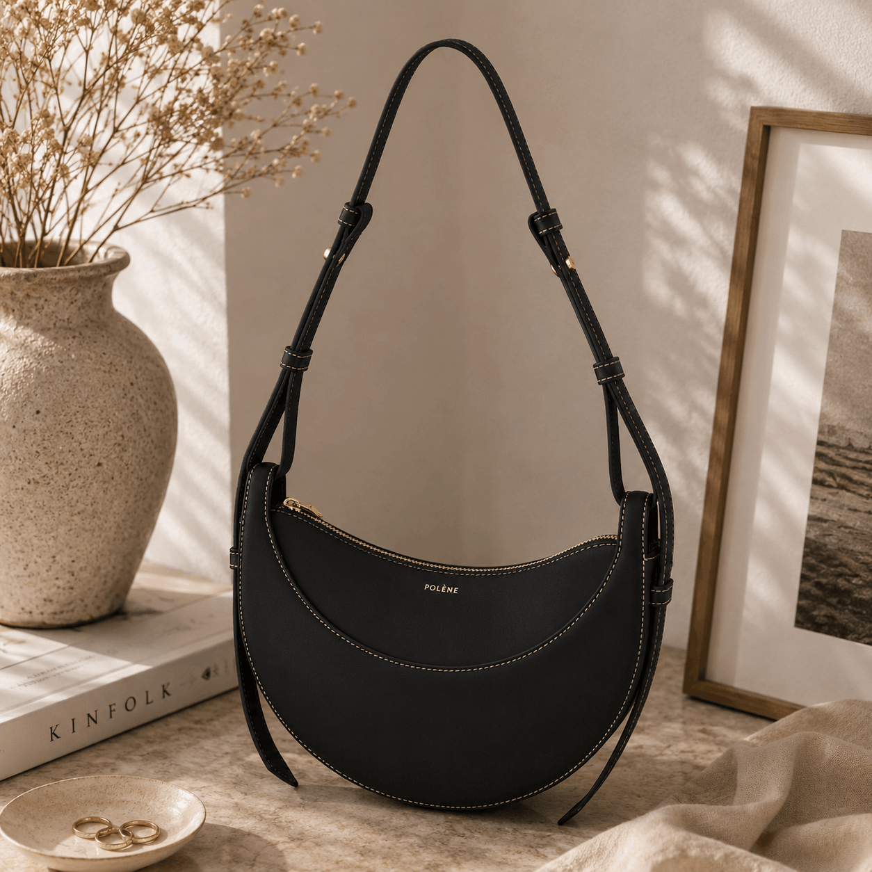 Black Crescent Leather Shoulder Bag