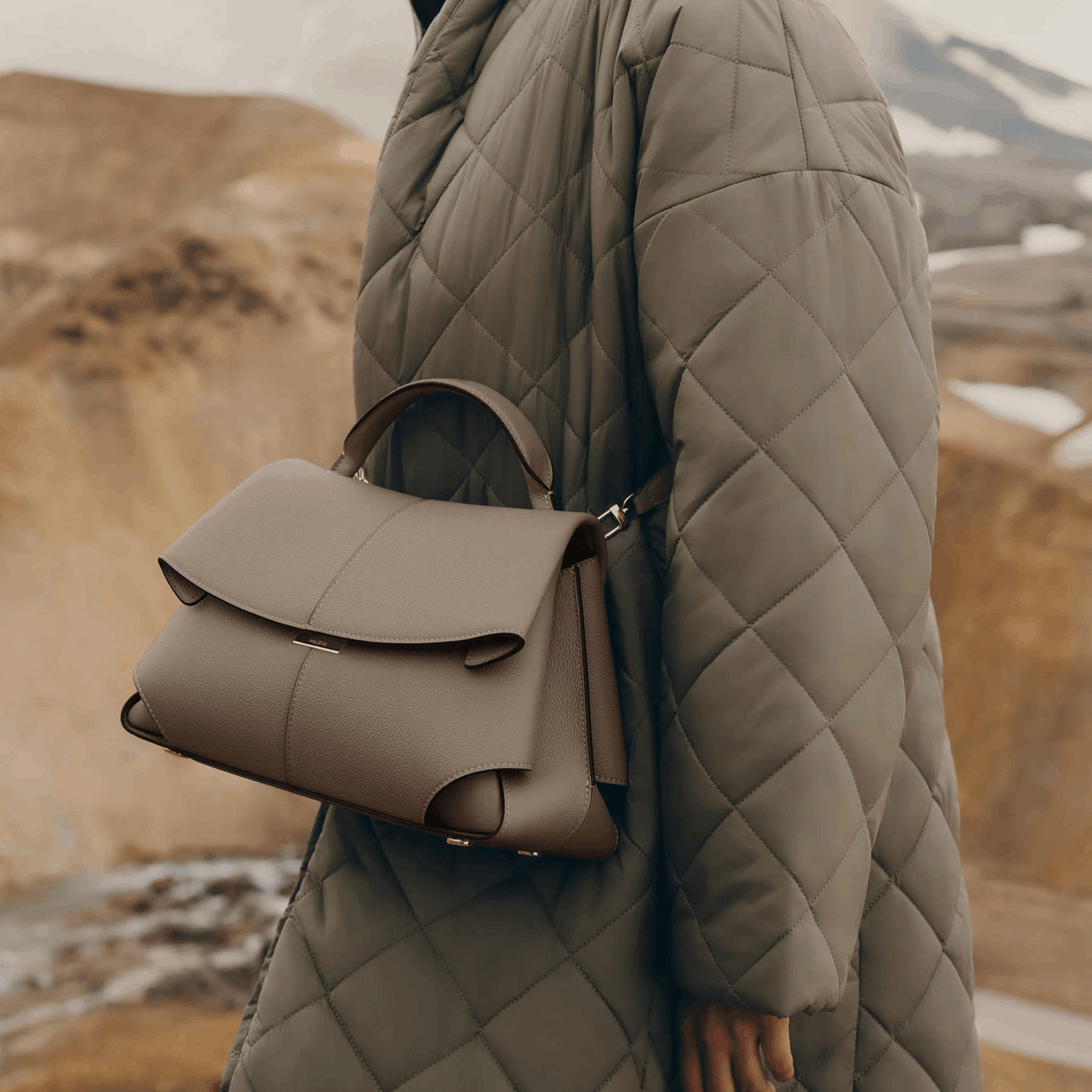 Taupe Leather Top Handle Bag