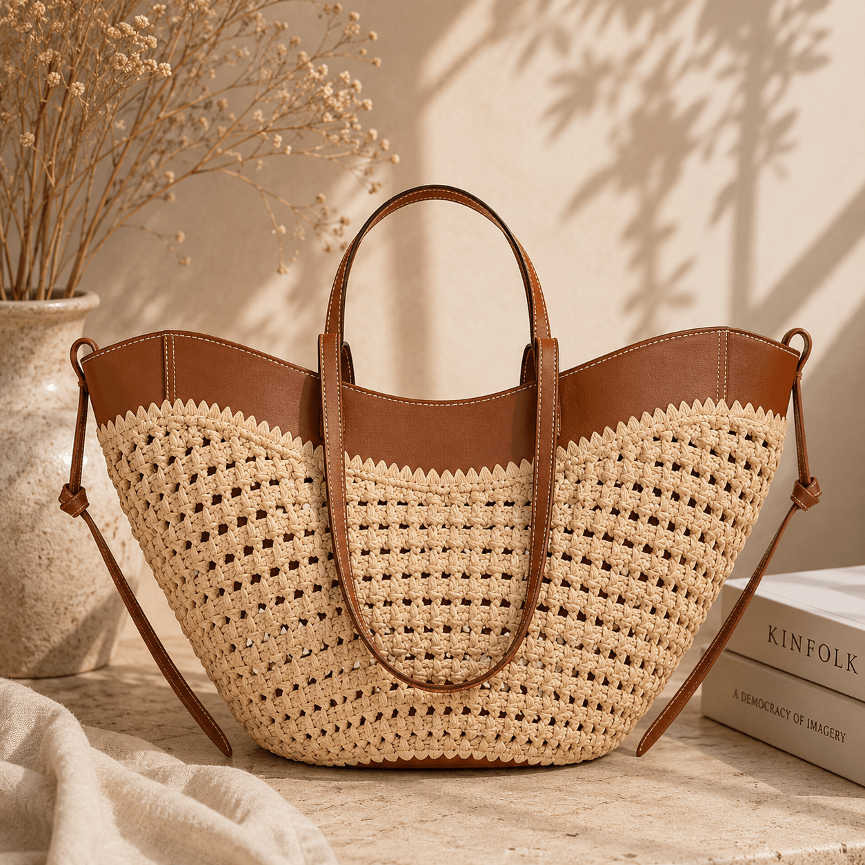 A woven straw tote bag with brown leather handles and trim, styled on a stone surface with dried flowers, a book, and soft shadows in the background.