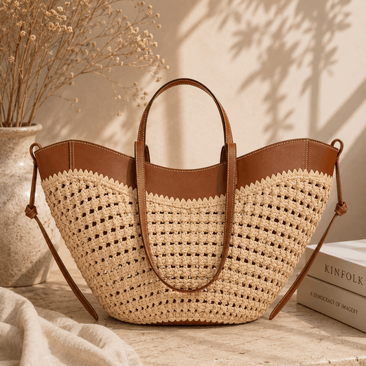A woven straw tote bag with brown leather handles and trim, styled on a stone surface with dried flowers, a book, and soft shadows in the background.