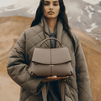 Taupe Leather Top Handle Bag