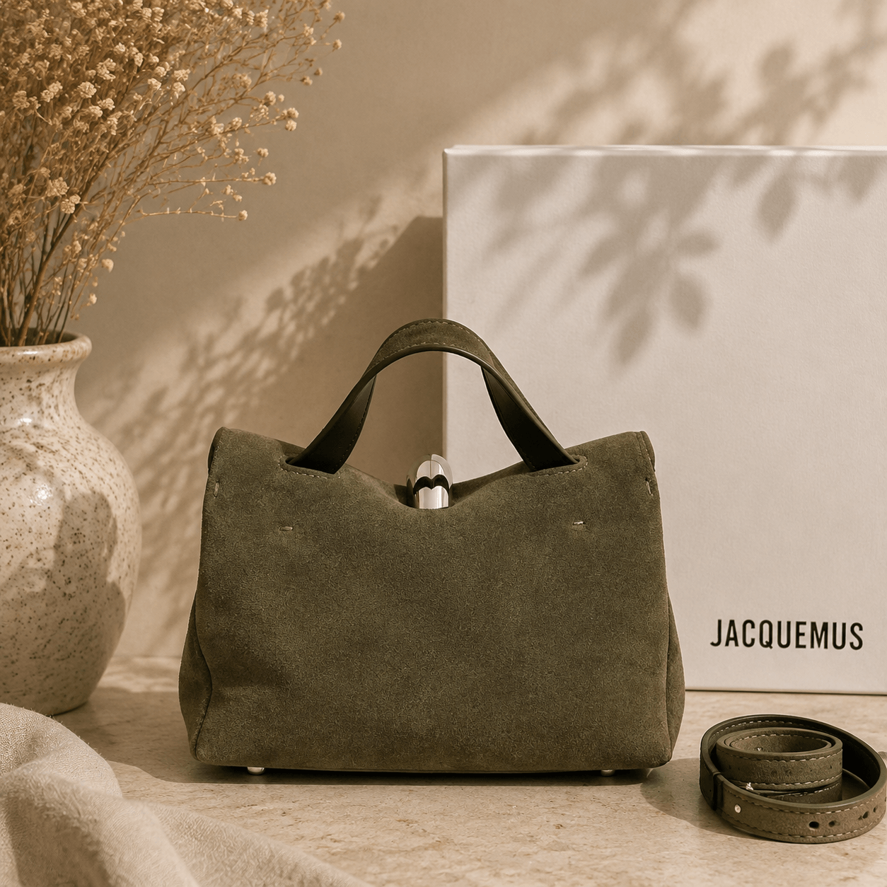 An olive green canvas handbag with dark green leather handles, displayed on a beige surface next to a white Jacquemus box, a vase with dried flowers, and a matching green belt.